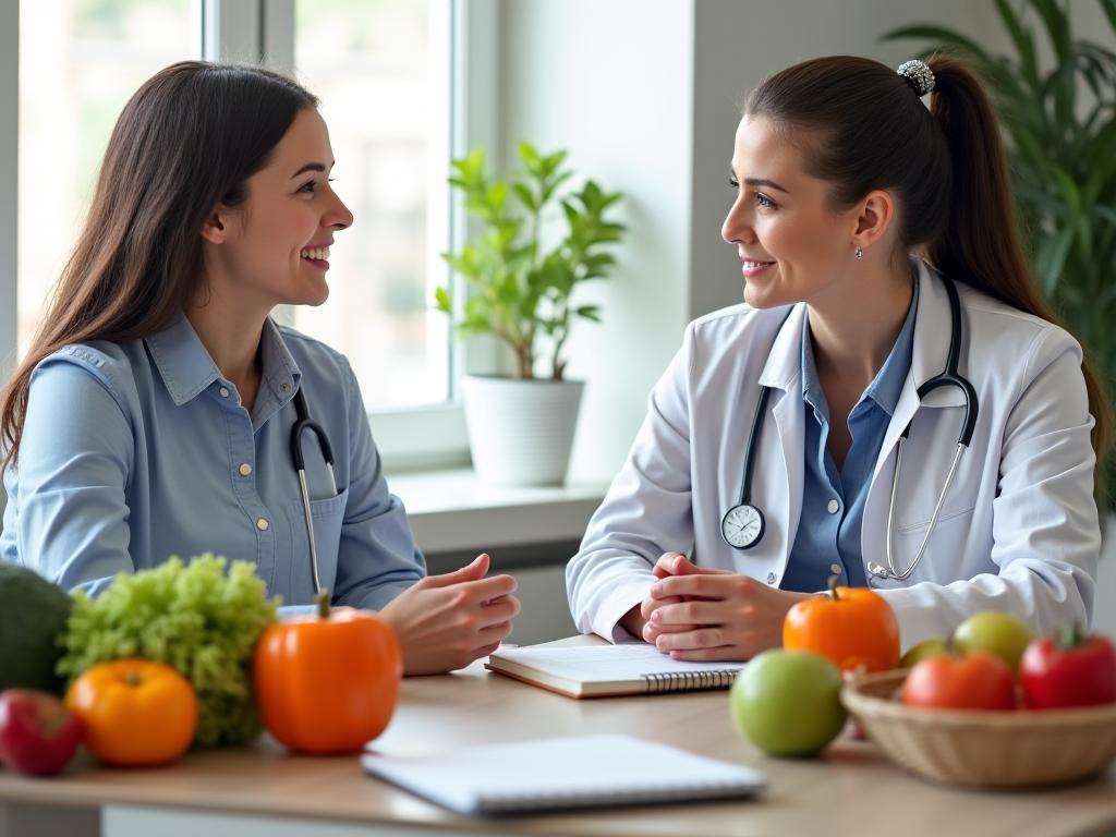 Dietitian consultation session with healthy food display