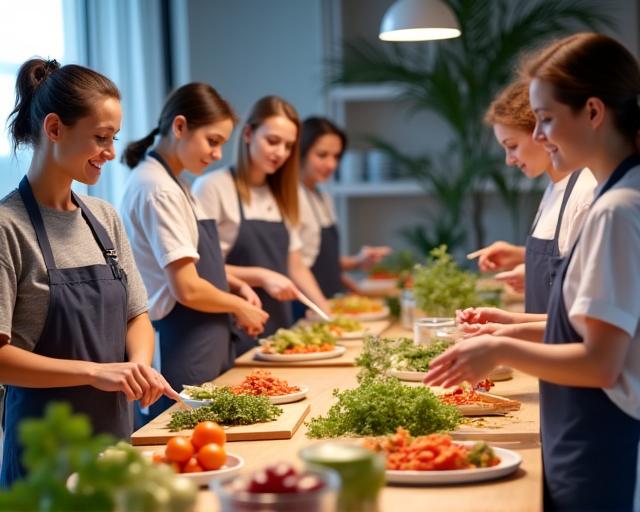 Group cooking workshop teaching healthy recipes for office workers