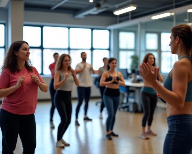Office exercise group doing movement class in workspace