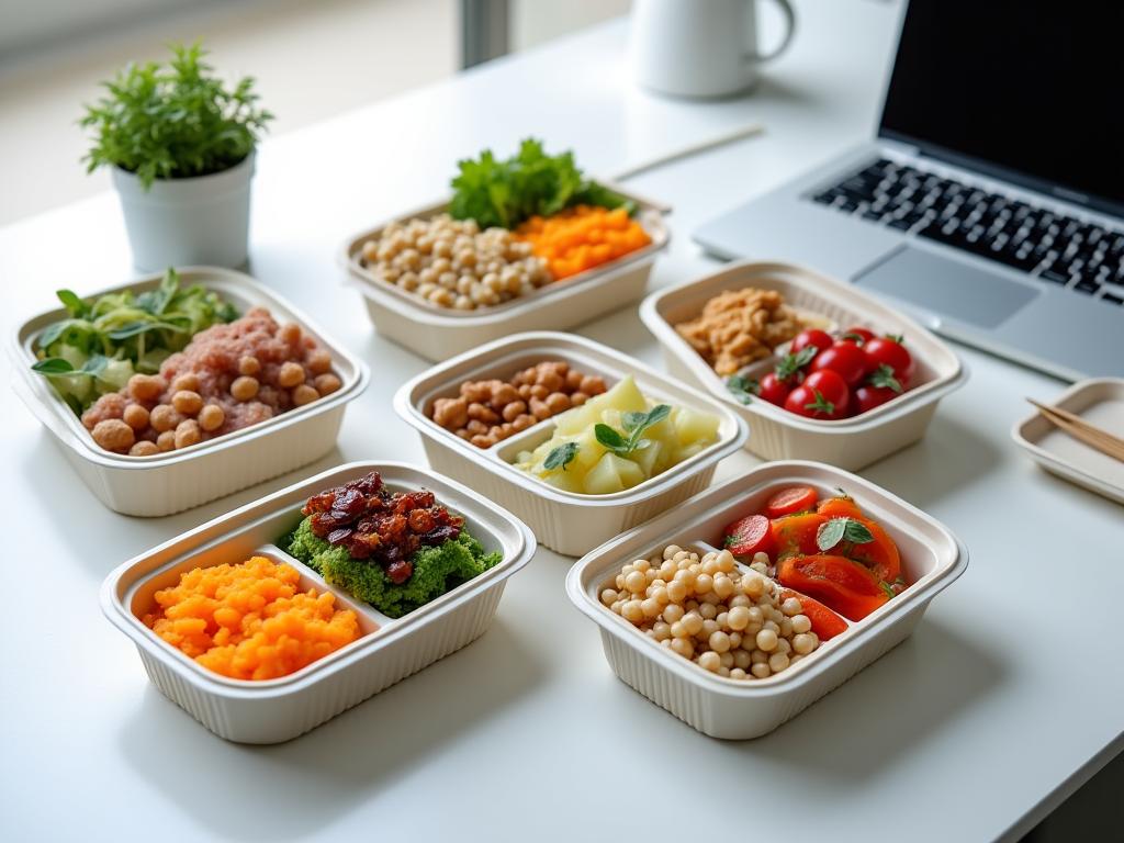 Productivity meal prep containers arranged for office workers